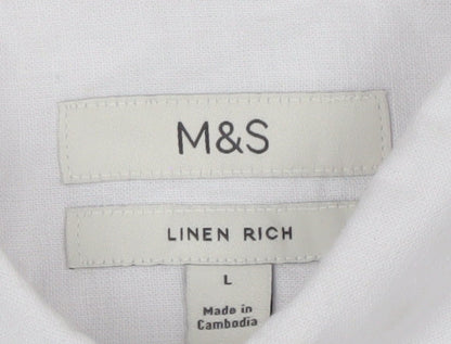 Marks and Spencer Men's White Linen Cotton Short Sleeve Button-Up Shirt L