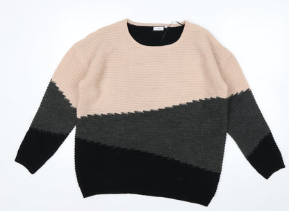 Fransa Womens Beige Grey Black Colour Block Knit Jumper L