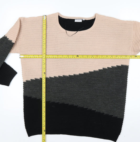 Fransa Womens Beige Grey Black Colour Block Knit Jumper L