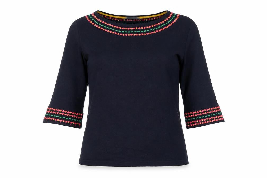 Boden Women’s Blue Embroidered Cotton 3/4 Sleeve Pullover Jumper XS