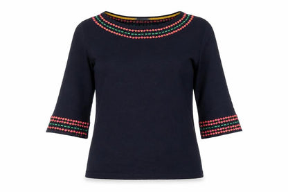 Boden Women’s Blue Embroidered Cotton 3/4 Sleeve Pullover Jumper XS