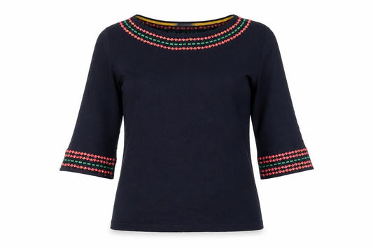 Boden Women’s Blue Embroidered Cotton 3/4 Sleeve Pullover Jumper XS