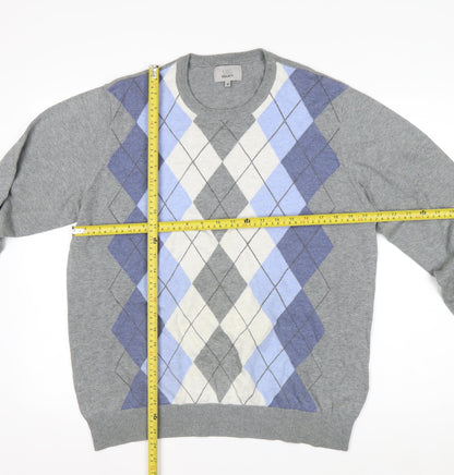 Marks and Spencer Men's Grey Argyle Cotton Jumper M Regular Fit