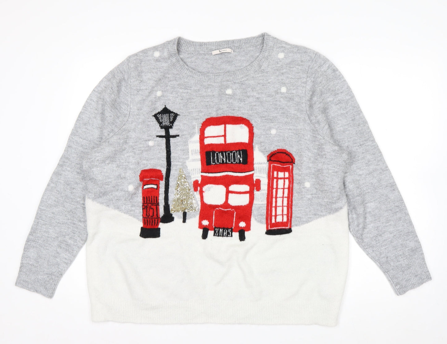 Tu Women Grey Christmas London Bus Jumper Size 22 Pullover Knit