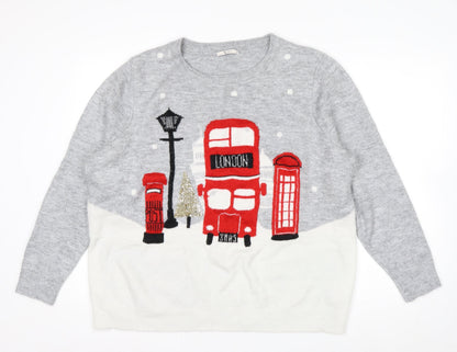 Tu Women Grey Christmas London Bus Jumper Size 22 Pullover Knit
