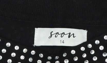 Soon Womens Black Rhinestone Crew Neck Jumper Size 14