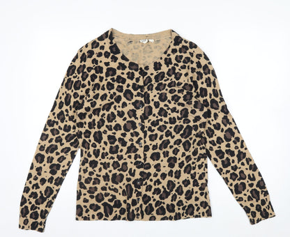GAP Women Beige Leopard Print Button Cardigan L Long Sleeve Knit