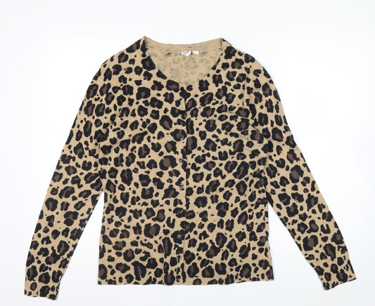 GAP Women Beige Leopard Print Button Cardigan L Long Sleeve Knit
