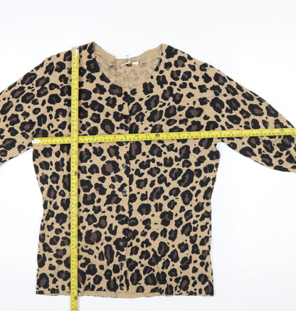 GAP Women Beige Leopard Print Button Cardigan L Long Sleeve Knit
