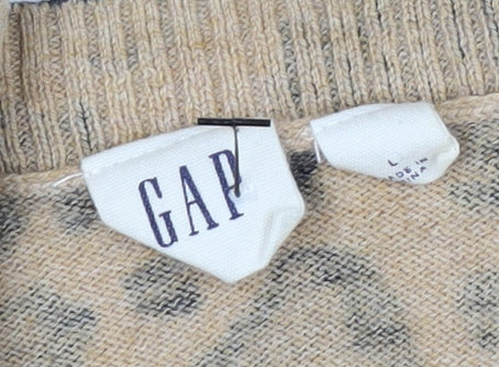 GAP Women Beige Leopard Print Button Cardigan L Long Sleeve Knit
