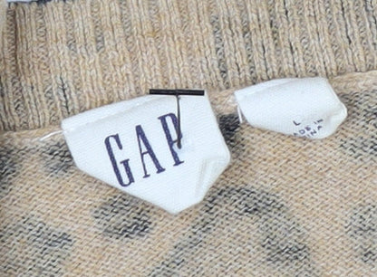 GAP Women Beige Leopard Print Button Cardigan L Long Sleeve Knit