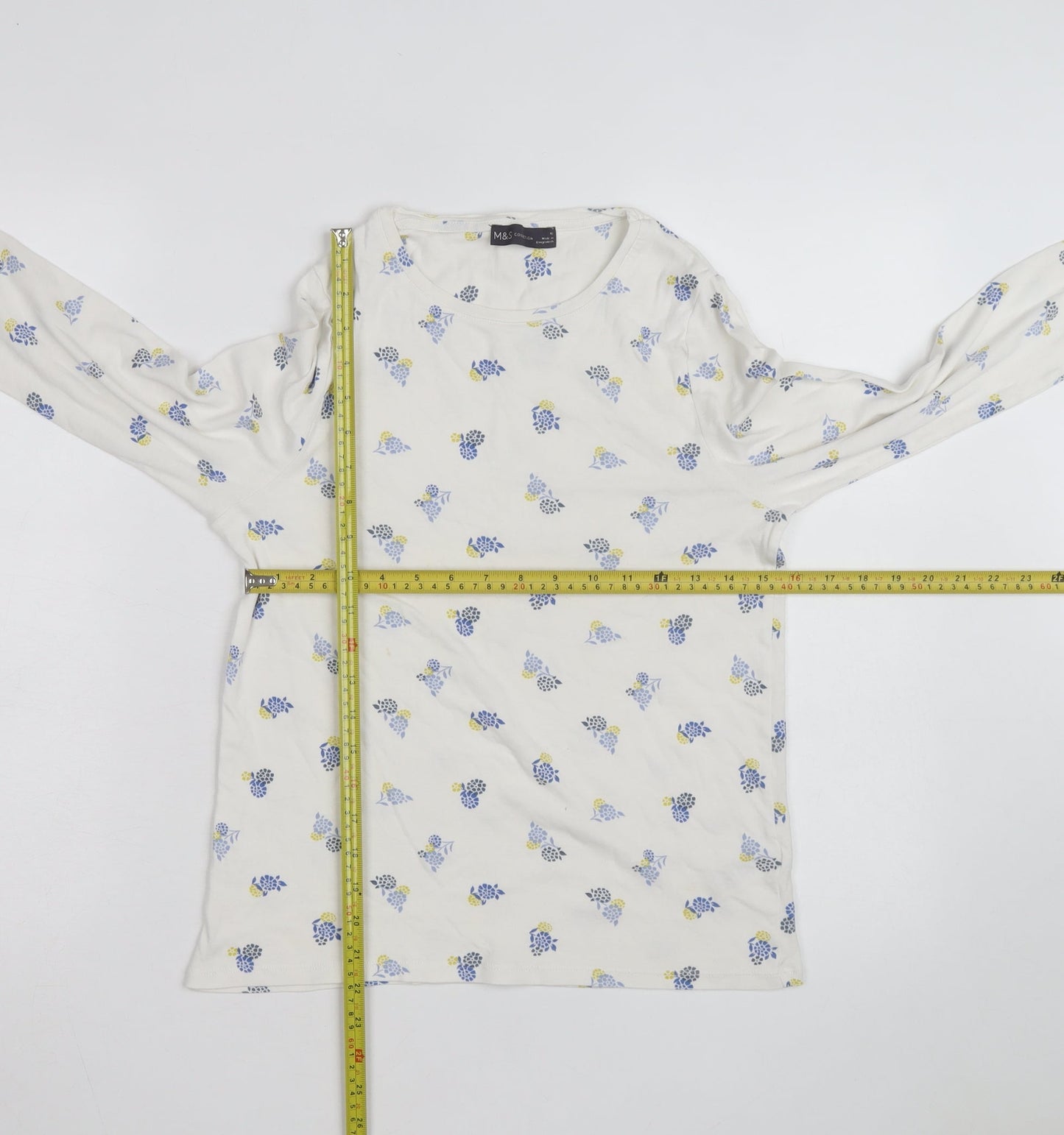 Marks and Spencer Women's White Floral Long Sleeve Cotton T-Shirt Size 16