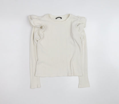 ZARA Women Ivory Ruffle Long Sleeve Slim Fit Pullover Jumper Size S