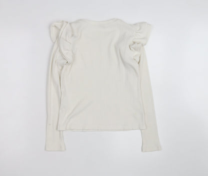 ZARA Women Ivory Ruffle Long Sleeve Slim Fit Pullover Jumper Size S