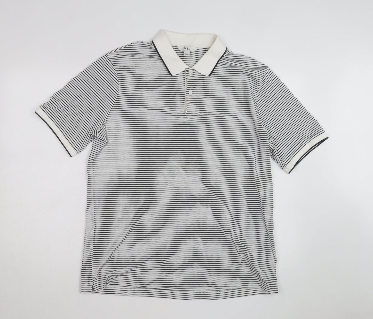 Marks and Spencer Men's White Striped Cotton Polo Shirt Size L