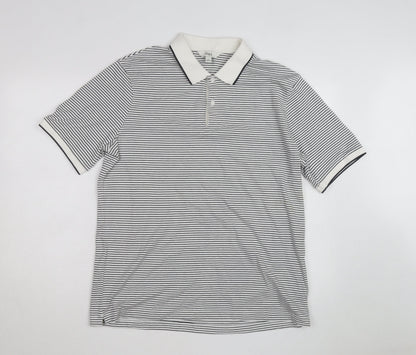 Marks and Spencer Men's White Striped Cotton Polo Shirt Size L