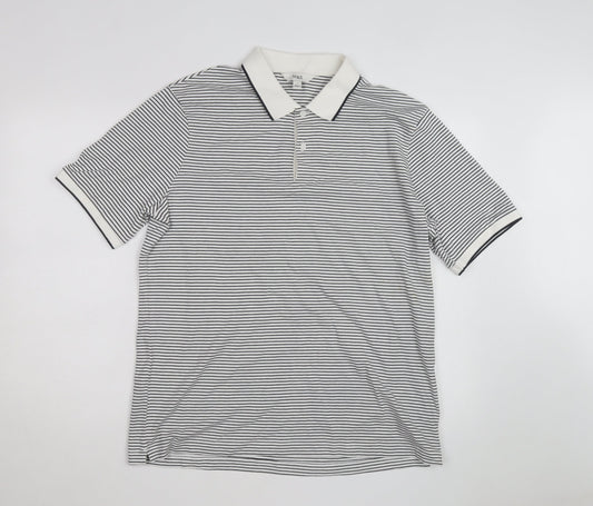 Marks and Spencer Men's White Striped Cotton Polo Shirt Size L