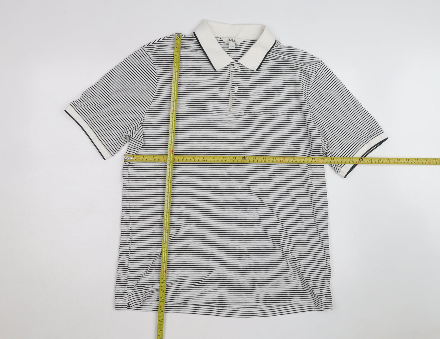 Marks and Spencer Men's White Striped Cotton Polo Shirt Size L