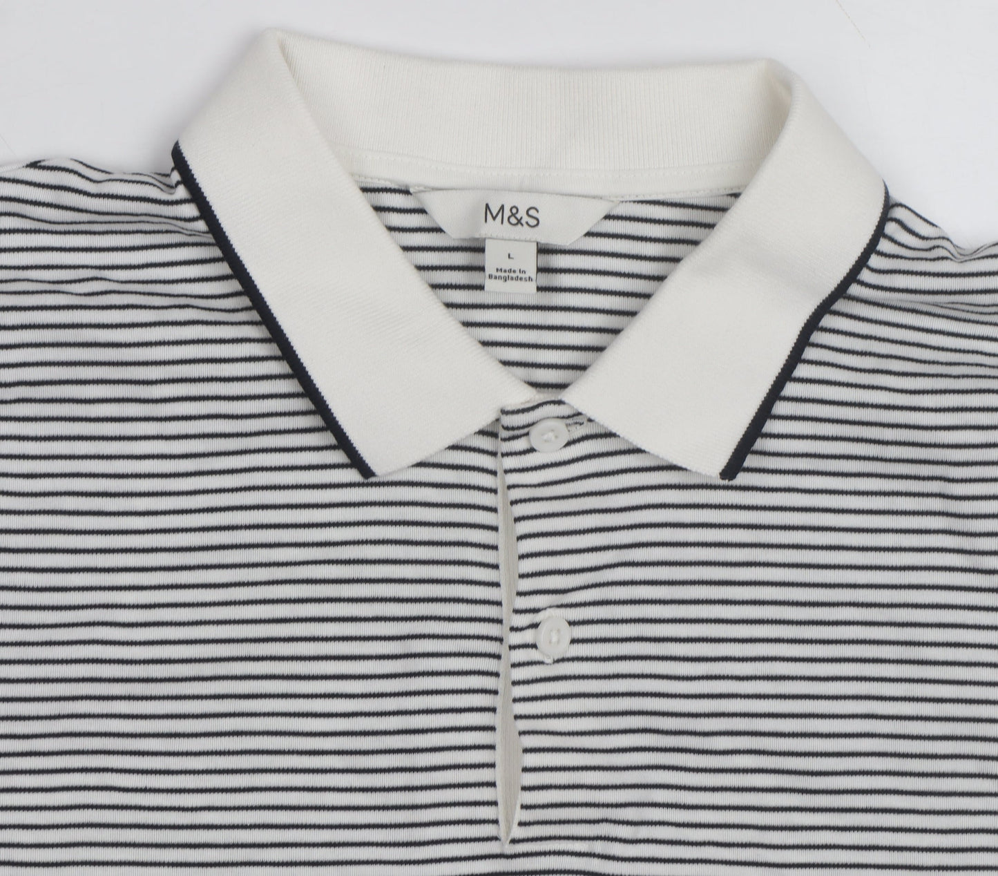 Marks and Spencer Men's White Striped Cotton Polo Shirt Size L