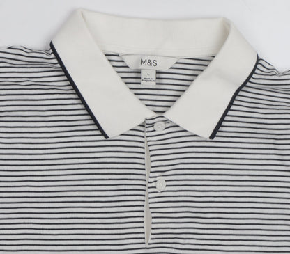 Marks and Spencer Men's White Striped Cotton Polo Shirt Size L