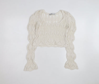 Bershka Women’s Ivory Open-Knit Square Neck Jumper Size 6