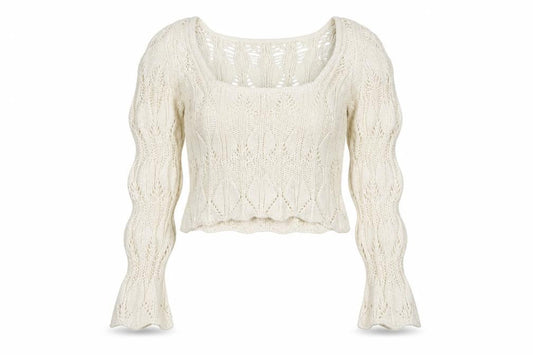 Bershka Women’s Ivory Open-Knit Square Neck Jumper Size 6