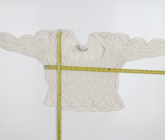 Bershka Women’s Ivory Open-Knit Square Neck Jumper Size 6