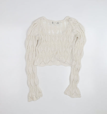 Bershka Women’s Ivory Open-Knit Square Neck Jumper Size 6