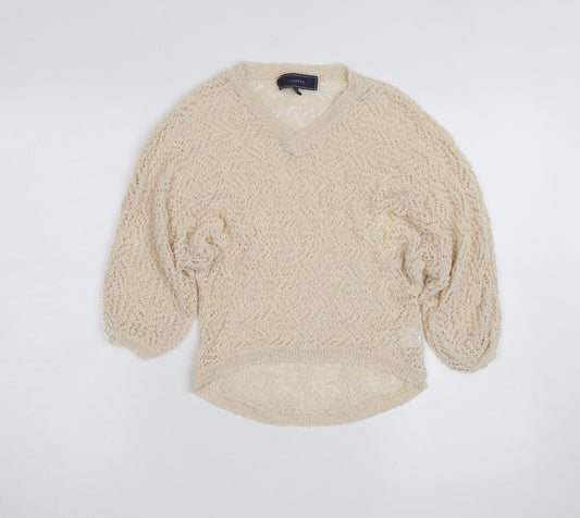 Lumière Women's Beige Open Knit V-Neck Pullover Jumper M