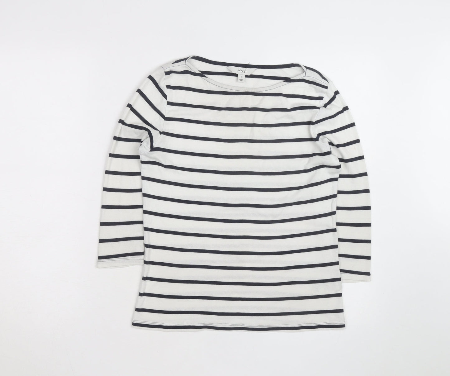 Marks and Spencer Womens White Striped Boat Neck 3/4 Sleeve Cotton T-Shirt Size 8