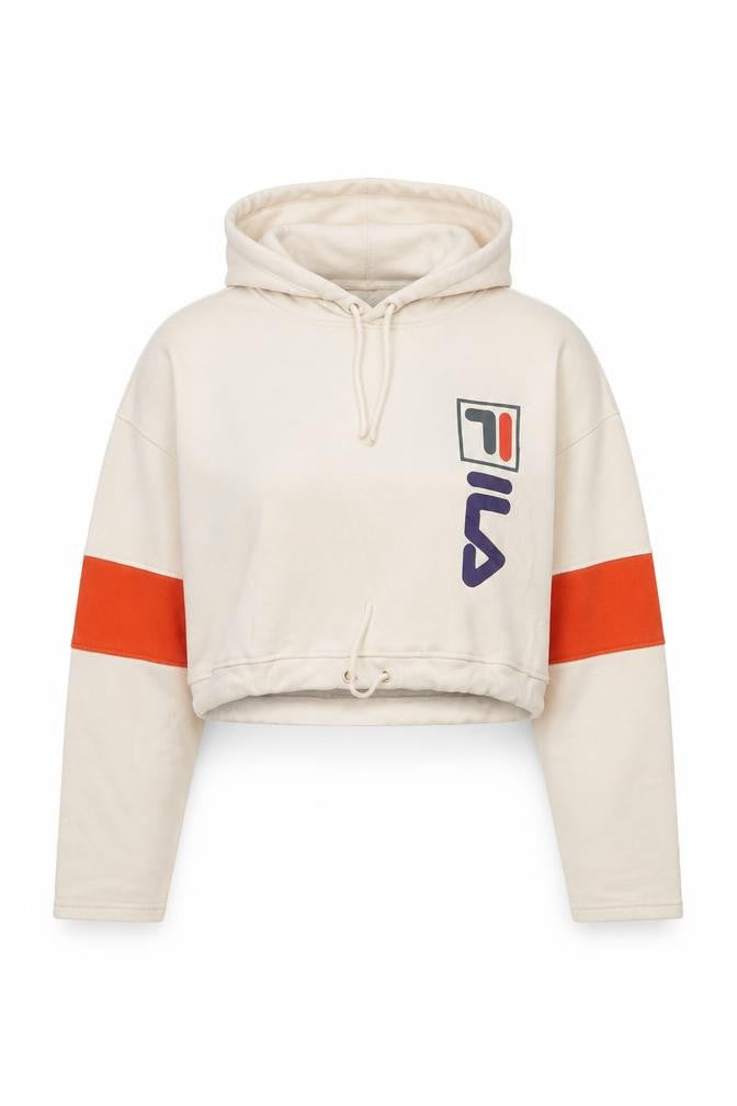 Fila Womens Beige Cropped Hoodie Small Drawstring Logo Pullover
