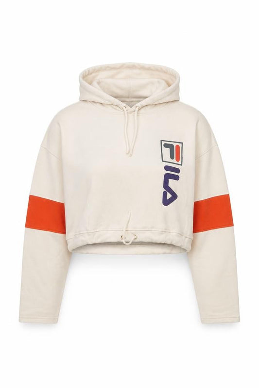 Front view of Fila women’s beige cropped hoodie small drawstring logo pullover