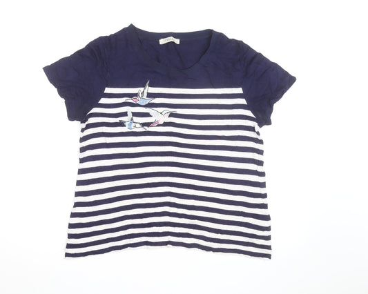 Oasis Womens Blue Striped Embroidered Bird T-Shirt Size L