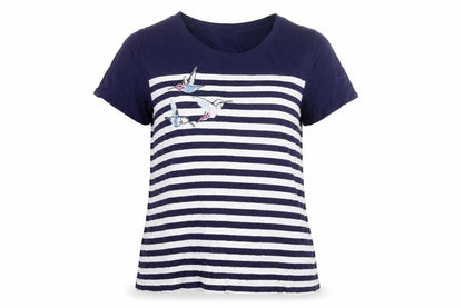 Oasis Womens Blue Striped Embroidered Bird T-Shirt Size L