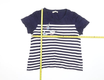 Oasis Womens Blue Striped Embroidered Bird T-Shirt Size L