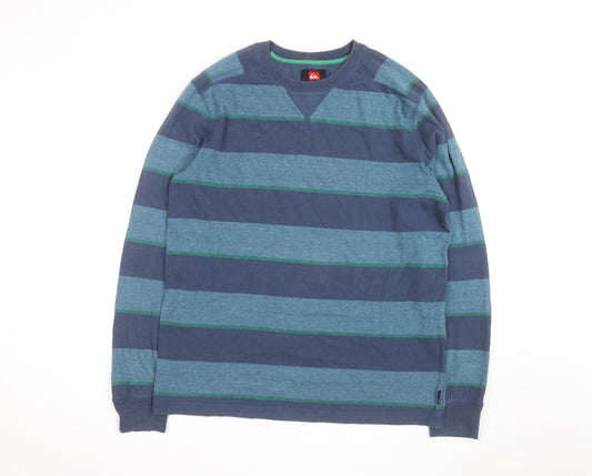 Quiksilver Men's Blue Striped Cotton Crew Neck Jumper Size M