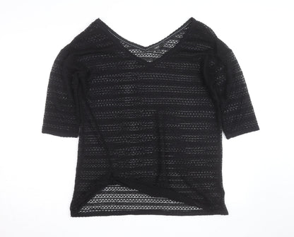 Next Womens Black V-Neck Knit Jumper Size 12 Lightweight Crochet Style