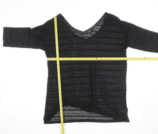 Next Womens Black V-Neck Knit Jumper Size 12 Lightweight Crochet Style