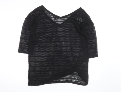 Next Womens Black V-Neck Knit Jumper Size 12 Lightweight Crochet Style