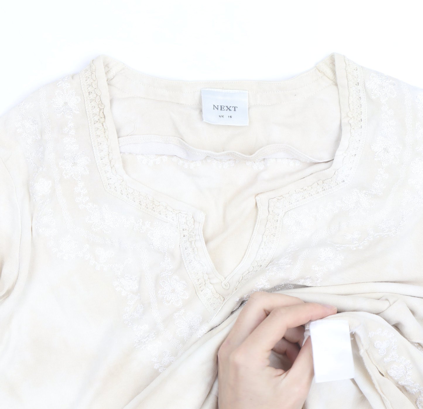 Next Women Beige Embroidered Tunic Blouse UK 16 Long Sleeve Top