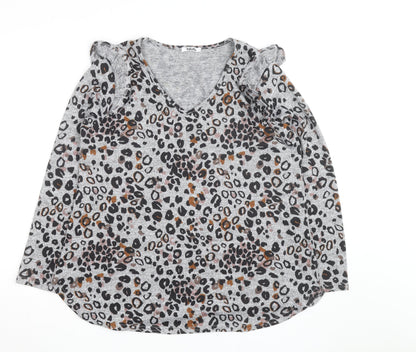 Tilletts Women Grey Animal Print Ruffle Long Sleeve Top Size S