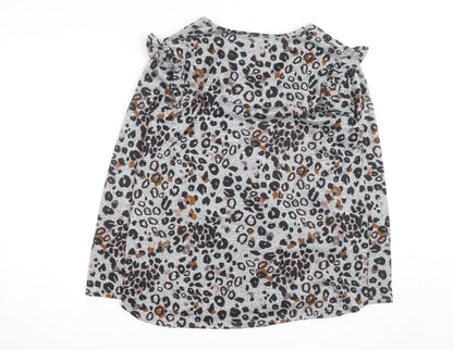 Tilletts Women Grey Animal Print Ruffle Long Sleeve Top Size S