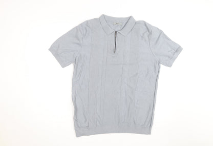 Tu Men Grey Cotton Blend Short Sleeve Zip Collar Polo Shirt L