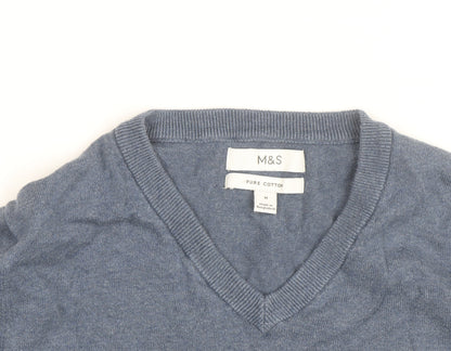 Marks and Spencer Men's Blue Cotton V-Neck Pullover Jumper M