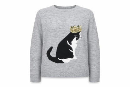 Marks and Spencer Women Grey Cat Sequin Wool Jumper XL