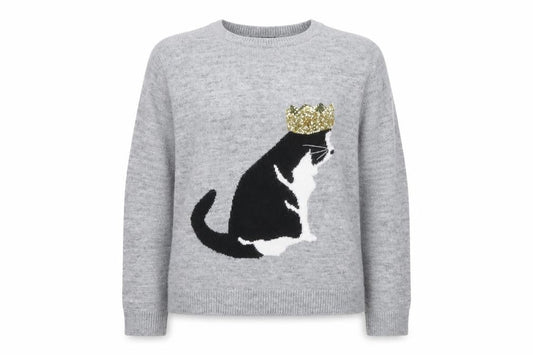 Marks and Spencer Women Grey Cat Sequin Wool Jumper XL