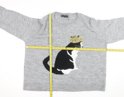 Marks and Spencer Women Grey Cat Sequin Wool Jumper XL