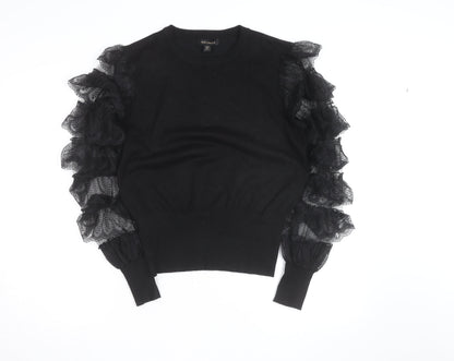 QED London Womens Black Ruffle Sleeve Crew Neck Pullover Jumper Size M