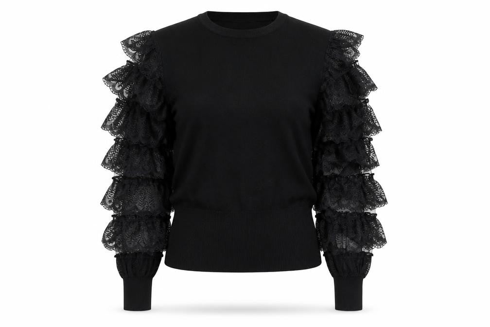 QED London Womens Black Ruffle Sleeve Crew Neck Pullover Jumper Size M