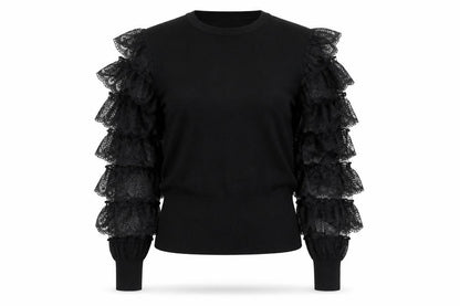 QED London Womens Black Ruffle Sleeve Crew Neck Pullover Jumper Size M